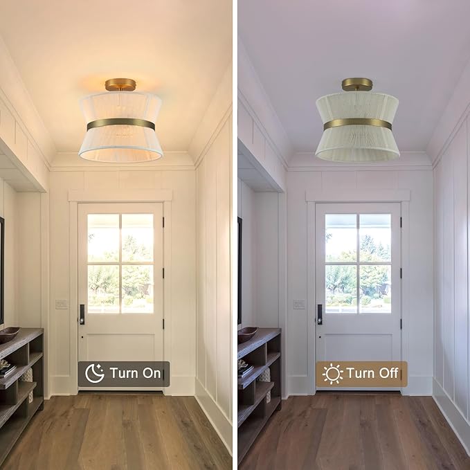 Gold Semi Flush Mount Ceiling Light 2-Light Modern Drum Dining Room Lighting Fixture 12.6” Beige Fabric Lamp for Bedroom Entryway Hallway Foyer Kitchen Island Living Room Nursery