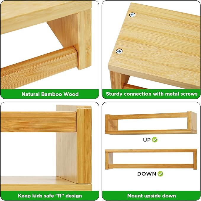 Ollieroo Set of Four Floating Book Shelves for Wall, Nursery Book Shelf for Kids Room, Bamboo Wood Hanging Bookshelf for Baby Teen Boys Girls, Wall Mounted Shelves for Bedroom Bathroom Decor(Natural)