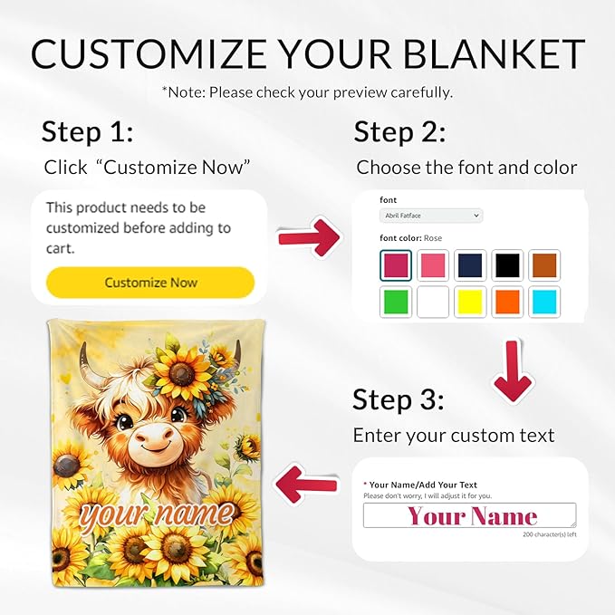 Personalized Highland Cow Stuff for Kids - 30" x 40" Inches Cute Highland Cow Blanket Throw Blanket - Yellow Lightweight Cozy Blankets for Sofa, Lap & Office