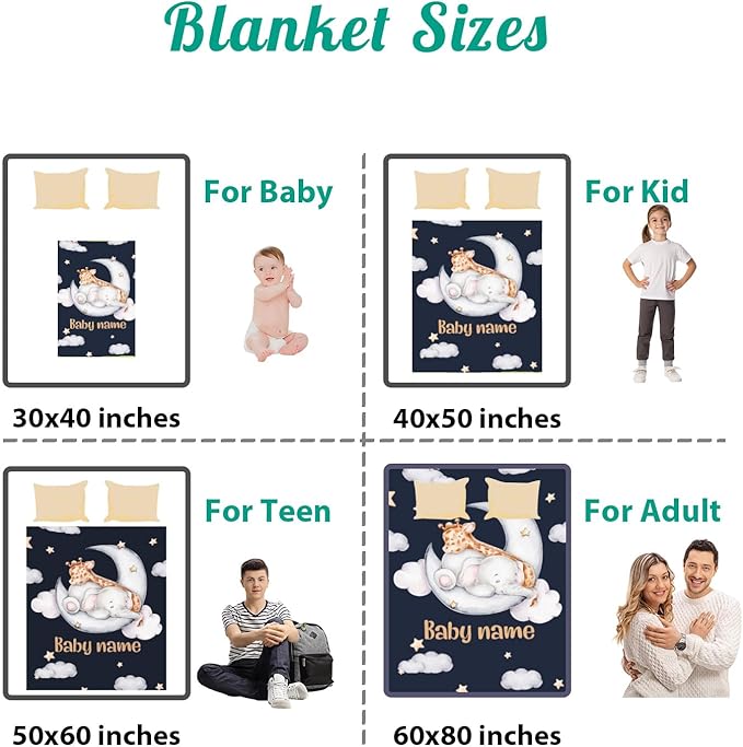 Custom Safari Animals Blanket Gift, Personalized Baby Blanket with Name, Soft Plush Flannel/Sherpa Fleece Throw Blankets for Toddler Kid Teen Boys Girls Color15
