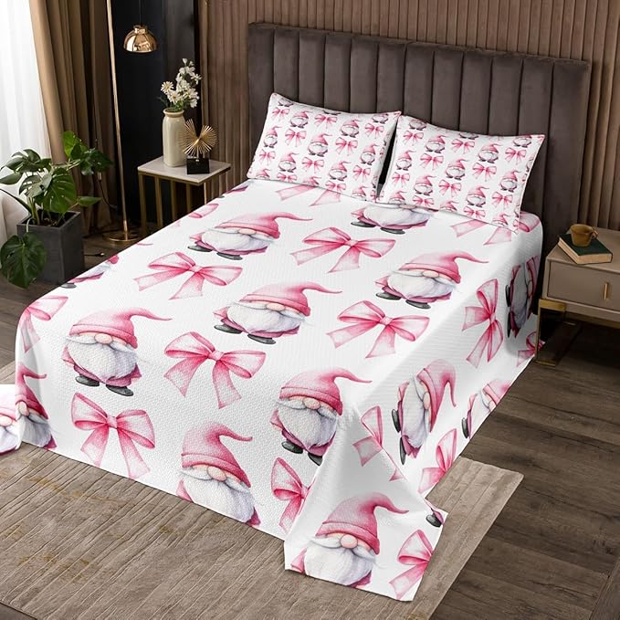 Pink Bowknot Kids Bedspread Queen Size,Cartoon Gnomes Tale Castle Toddler Coverlet Set,Girls Women Room Decor,Pink Bow Tie Knot Princess Quilted Coverlet,Cute Fashion Bedding Quilt,2 Pillowcases