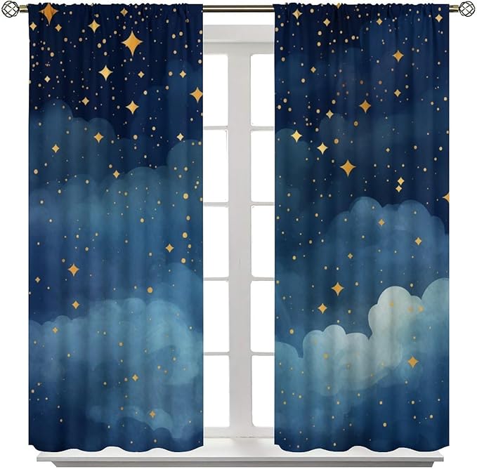 Night Sky Stars Curtain for Kids, Blue Starry Space Galaxy Pattern Window Treatments for Boys Girls Bedroom Toddlers Room Living Room Decor 42" W X 45" L