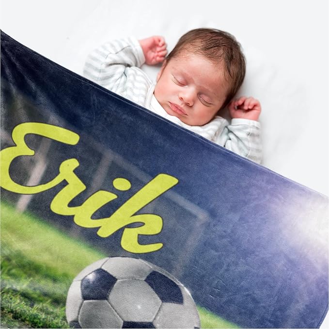 Personalized Baby Balll Soft Blanket: Custom Kids Soccer Design Blanket with Name and Number - Bedding Gifts for Infants Toddlers Adults 40x50inch