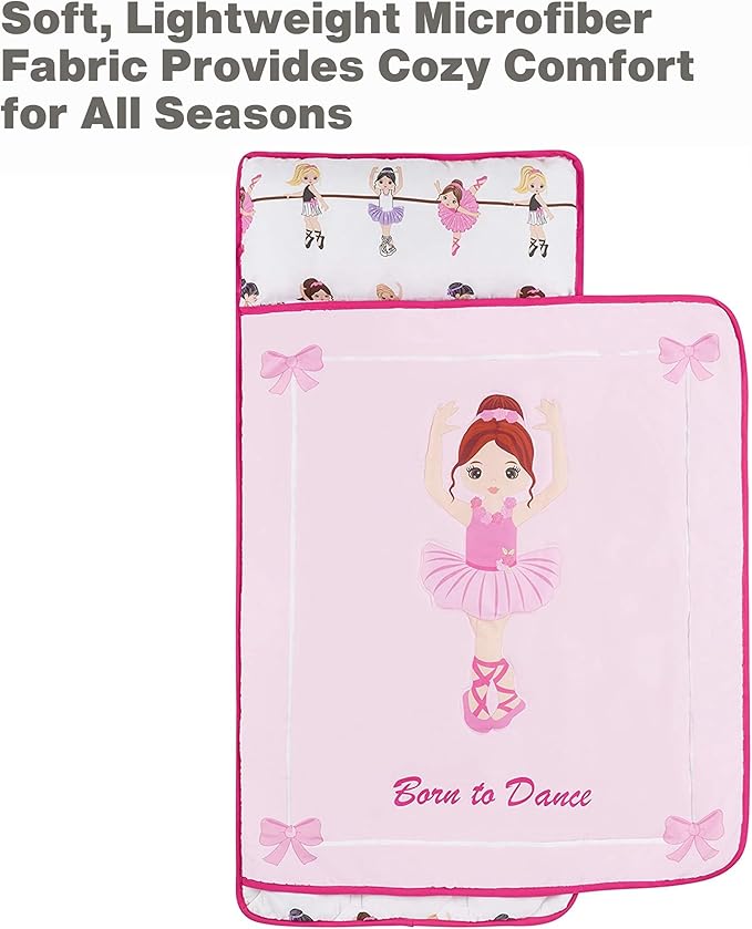 EVERYDAY KIDS Toddler Nap Mat with Removable Pillow -Born to Dance Ballerina- Carry Handle with Straps Closure, Rollup Design, Soft Microfiber for Preschool, Daycare, Sleeping Bag - Ages 2-6 Years