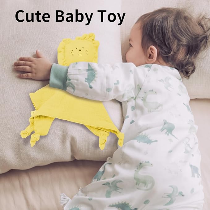 Little Rawr Organic Cotton Muslin Lion Loveys for Babies Baby Security Blanket Baby Snuggle Toy Newborn Essentials Must Haves(Lion-Yellow)