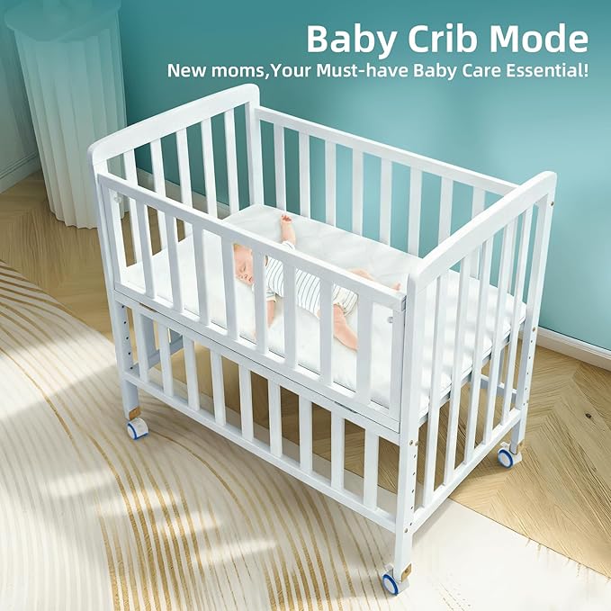 Portable Mini Baby Crib - Convertible Baby Cribs with Soft Foam Mattress(33 * 20"),6 Heights Bedside Bassinet Sleeper,Wheeled Bedside Crib Co Sleeper for Small Space,White
