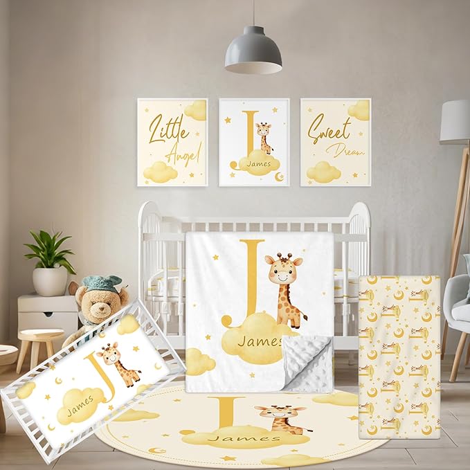 Custom Baby Bedding Set, 5 Pcs Personalized Name Baby Crib Sets for Infant Toddler Newborn, Yellow Giraffe Nursery Bedding Set for Girls Boys, Double Layer Crib Bedding Sets Customized Gifts
