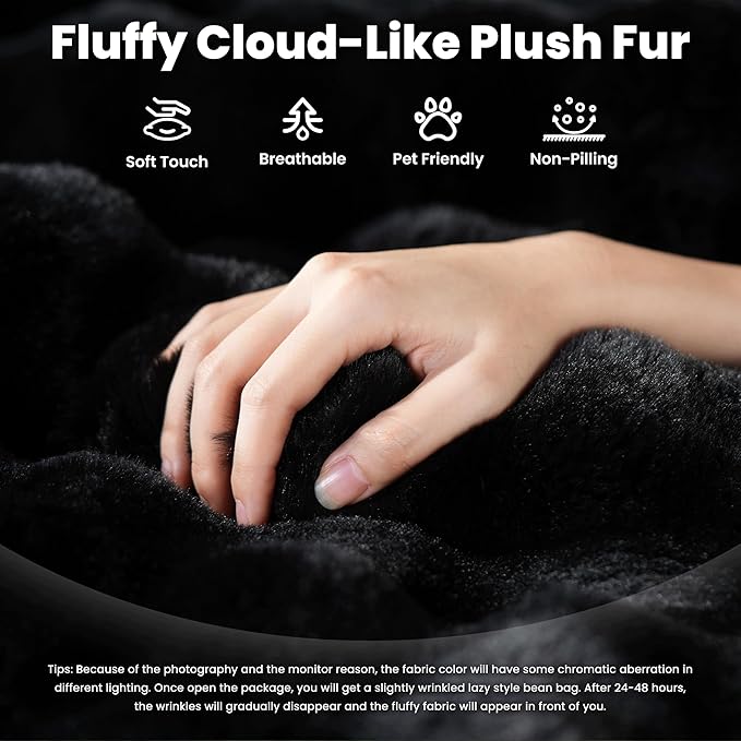 ovios Bean Bag Chair for Adult, Giant Beanbag with Plush Faux Fur, Comfy Large Big Lounger Floor Lazy Chair for Indoor Fireside Living Room Bedroom Dorm, Black