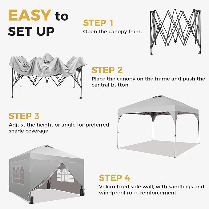 GDY 12x12FT Pop Up Canopy Tent with One Push Setup, Easy to Install with 4-Sidewalls for Events, Parties, Camping, Outdoor Gazebo with 4-Sandbags, White.