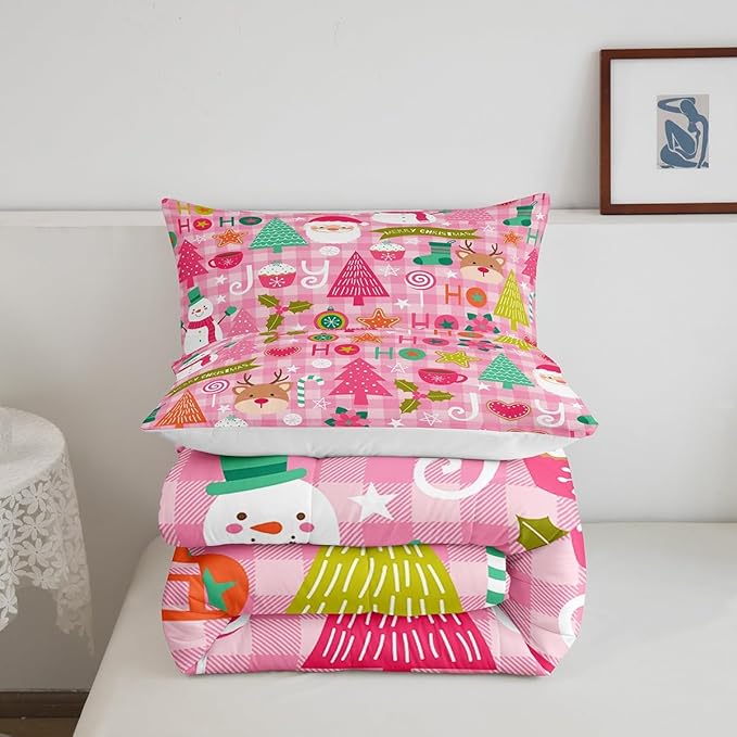 Merry Christmas Kids Comforter Set Queen Size,Cartoon Santa Claus Snowman Deer Xmas Bedding Set,Boys Girls Adults Room Decor,Geometric Grids Down Comforter,Pink Romantic Duvet Insert,2 Pillowcases