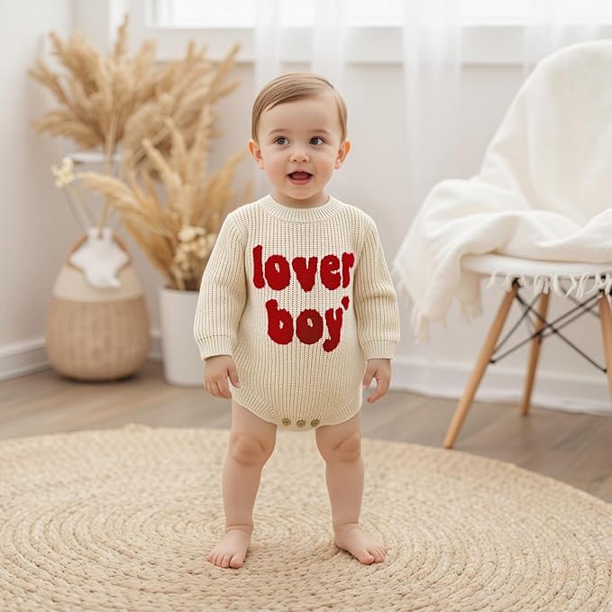 Lesimsam Newborn Baby Boy Girl Valentines Day Outfit Oversized Embroidery Long Sleeve Knit Sweater Bubble Romper Bodysuit