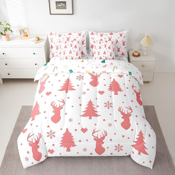 Feelyou Merry Christmas Bed in a Bag for Boys Girls Deer Silhouette Antler Cute Wildlife Bed Set Xmas Tree Snowflake Comforter Set with Sheets Pink Bedding Set Bedroom Collection King Size
