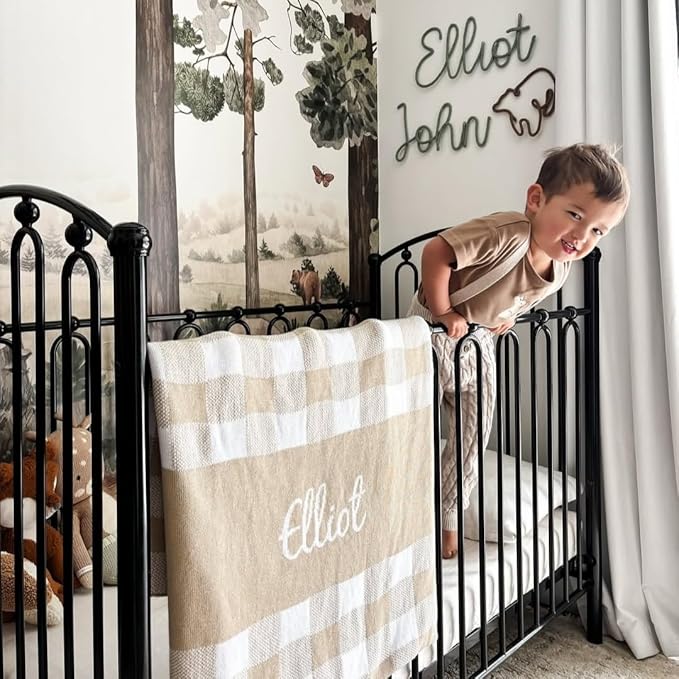 Personalized Gingham Name Blanket – 100% Organic Cotton Customized Baby Blanket, Custom Name, Crib 36x60, Gift for Baby Shower, Birthday Present, Girls and Boys, Toddlers Kids - Made in America