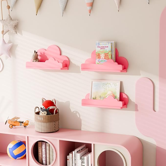 Cloud Shelves for Kid’s Room Nursery Wall Deor Set of 3, Pink Cloud Bookshelf, Small Figure Shelf Wall Mounted, Cute Decorative Solid Wood Floating Shelves for Toys, Plants & Storage