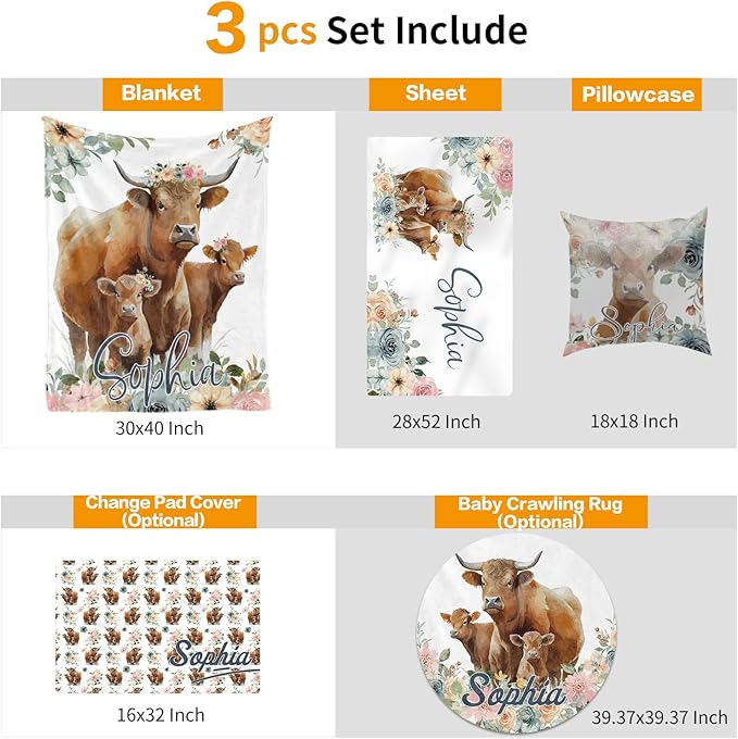 Custom Crib Bedding Set - Highland Cow Design Personalized Name Baby Nursery Bedding 3 Pcs Set - Chic Soft Blanket, Sheet, Pillowcase for Newborns Boys Girls Gifts Color26