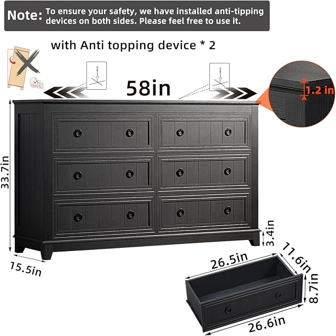 Farmhouse Living Room Sets, Night Stands Set of 2 and 6 Drawers Dresser for Bedroom, 58 Inch Wide Wood Dresser and 18.1" Night Stands with Charging Station for Bedroom, Living Room, Hallway