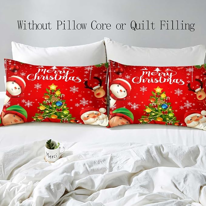 LUVIVIHOME 3PCS Christmas Duvet Cover Full Bedding Set, Kids Bedding, Santa Claus Snowman Reindeer Elf Snowflake Christmas Tree Holiday New Year Xmas Red Christmas Comforter Quilt Cover 2 Pillow Shams