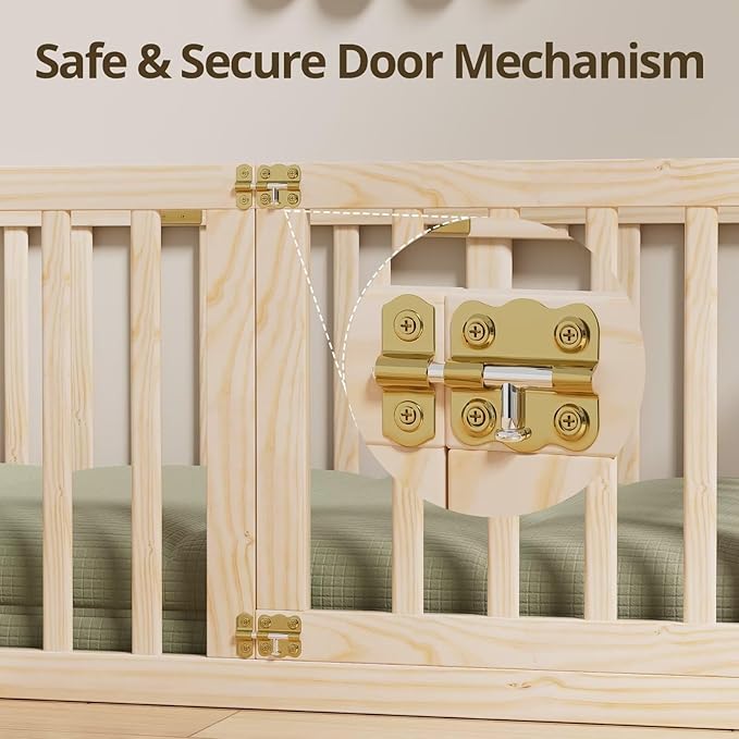 LLS Full Size Floor Bed with 21.6" High Fence for Kids Boys Girls, Solid Wood Multifunctional Montessori Bed Frame with Door, Without Slats, Natural
