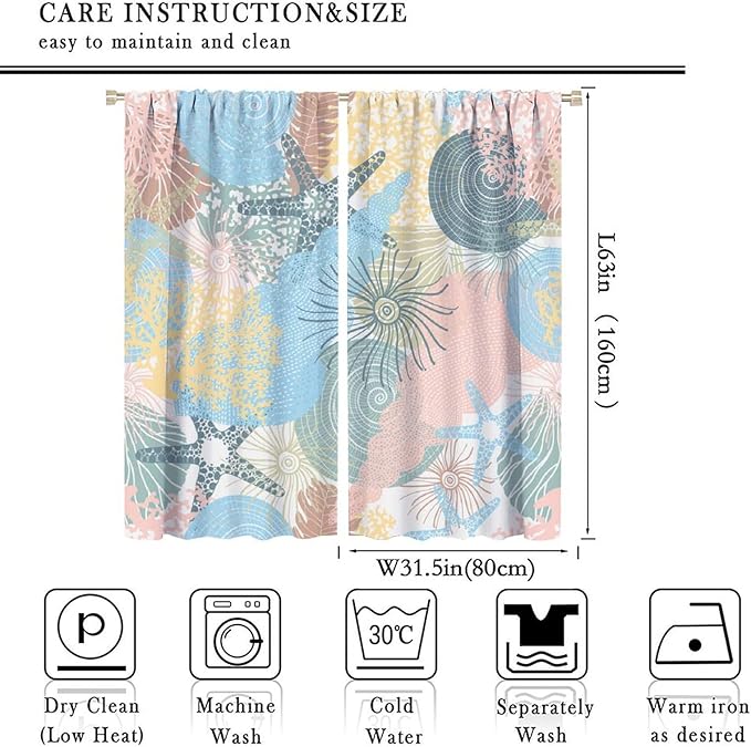 Nautical Blackout Curtain Beach Theme Starfish Seashell Nautical Rustic Ocean Sea Vintage Retro Coastal Summer Bedroom Set 2 Panels,63x63 Inches