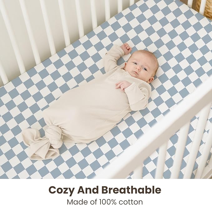 Konssy Muslin Crib Sheets for Boys, Soft Cotton Neutral Baby Sheets for Standard Crib Mattress 2 Pack, 52"x28" (Dreamfield Sky,Baby Blue Plaid)