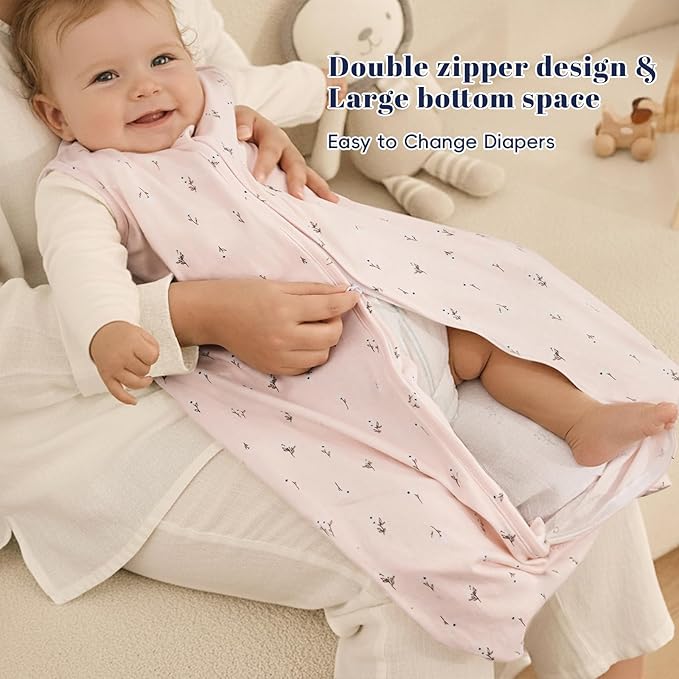 PHF Soft Baby Sleep Sack 12-18 Months 100% Organic Cotton Wearable Blanket, 2-Way Zipper 0.5 TOG Toddler Sleeping Sack 3 Pack, Comfy Sleep Bag for Baby Girls, Pink Floral (Large)