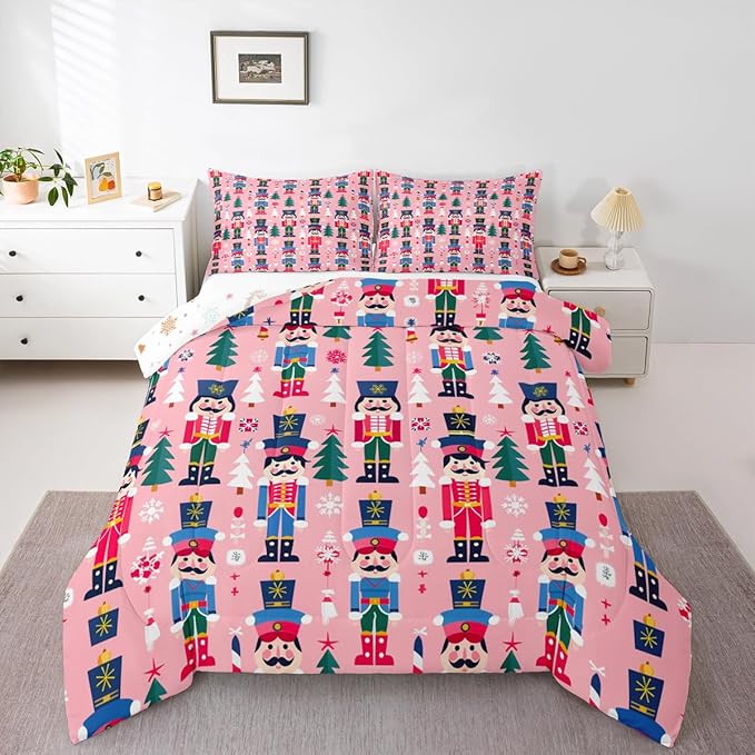 Feelyou Cute Nutcracker Kids Comforter Set Toddler Christmas Tree Bedding Set Xmas Snowflake Duvet Quilt for Kids Boys Girls Bedroom Colorful Soldier Decor Candy-Cane Designs Soft Breathable