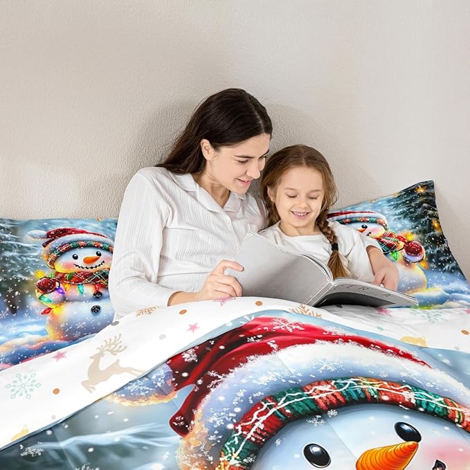Lovely Snowman Comforter Set King Size,Xmas Colorful Lanterns Snowflake Kids Bedding Set,Winter Merry Christmas Quilt Comforter,Rainbow Duvet Insert,2 Pillowcases