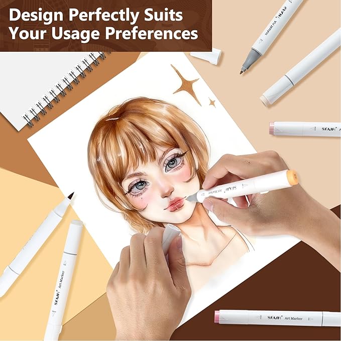 SFAIH Skin Tone Alcohol Markers Brush & Fine - 11 Light Portrait Colors+Mixed Color 0, Blendable & Refillable Permanent Art Markers for Adults/Teen/Artists/Creators & Illustrators