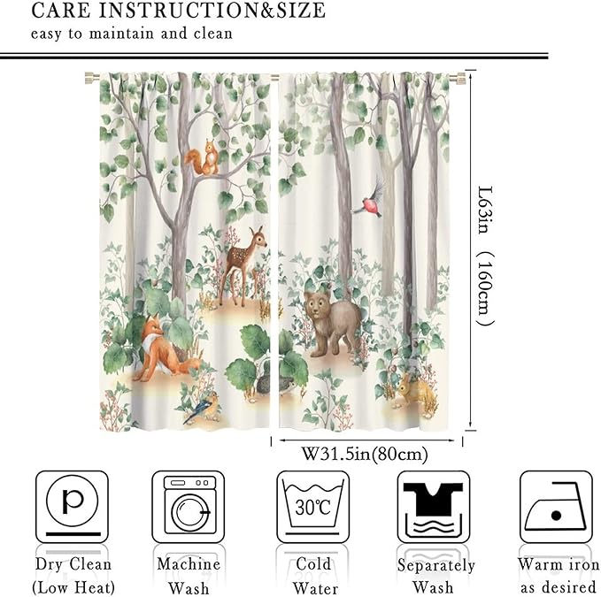 Forest Animal Curtains,Fox Elk Bird Animal Watercolor Woodland Print Curtains Kids Nursery Bedroom Living Room Home Decoration 63x63in