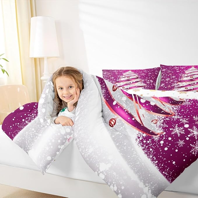 Feelyou Merry Christmas Bedding Set Soft for Boys Girls, Christmas Tree Comforter Set Full Size Snowflake Duvet Quilt Microfiber Winter Bedroom Decor 3 Pcs with 2 Pillow Cases