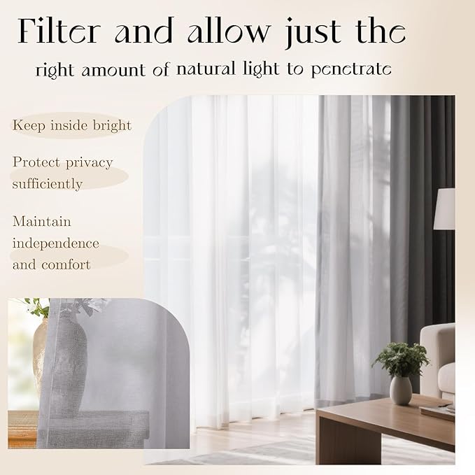 Dreaming Casa Grey Sheer Curtains 204 Inches Long, Rod Pocket & Back Tab Light Filtering Textured Sheers for Living Room Bedroom, 2 Panels, Each 52" W x 204" L