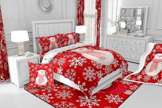 Feelyou Christmas Comforter Set All Season Snowman Red Bedding Set with 2 Pillow Cases Xmas Snowflakes Microfiber Kids Full Bedclothes Winter Snow Bedroom Decor Duvet Quilt Breathable Soft Lightweight