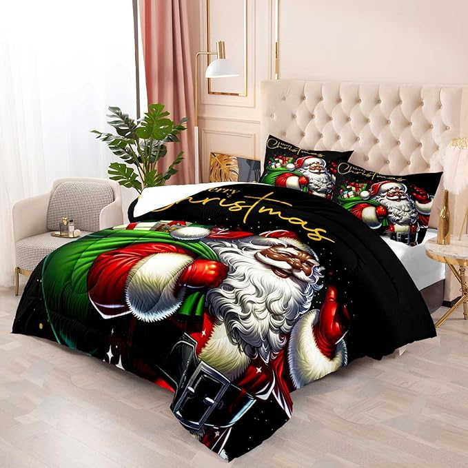 LUVIVIHOME 3PCS Merry Christmas Comforter Set Full Size, African American Black Santa Claus Bedding, Winter Xmas Funny Christmas Bedroom Decor for Kids Boys Girls Teens, Xmas Gifts, 2 Pillow Shams