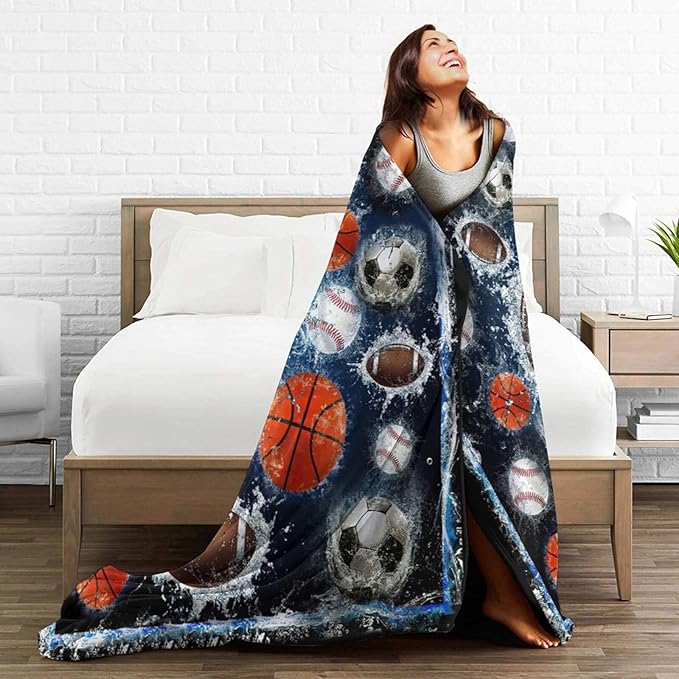 Sports Balls Blanket for Girls Boys Fans Basketball Baseball Football Soccer Throw Blankets Soft Cozy Warm Fuzzy Fleece Bedding Flannel Throws Stuff Gifts Kids Men Women Bedroom Decor 60"x50"