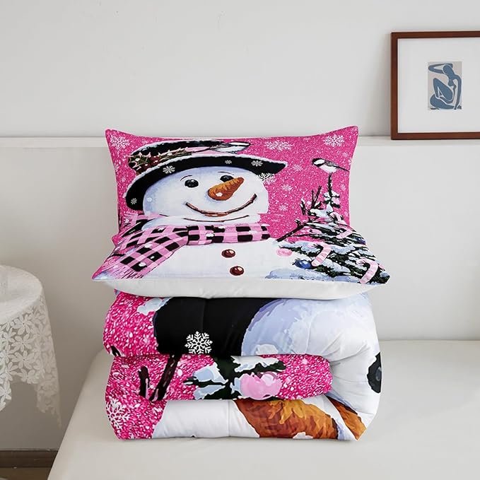 Feelyou Kids Christmas Theme Decorations Bedding Set Xmas Snowman Comforter Set for Boys Girls Snowflake Kawaii Cute Hot Red Bedroom Collection Twin Size