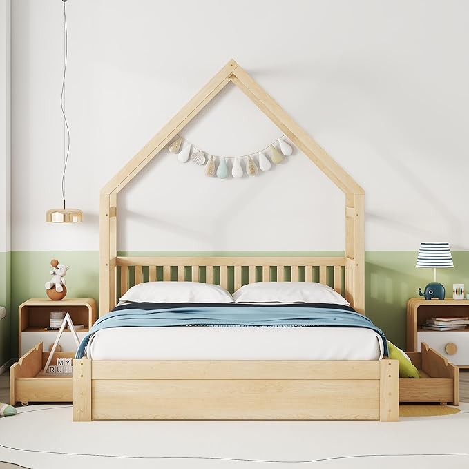Bellemave Queen Size Wood House Platform Bed with 2 Drawer for Toddlers and Baby, Modern Montessori Platform Bed Frame, No Box Spring Required, Low Floor Bed for Kids' Room or Baby Room (Natural)