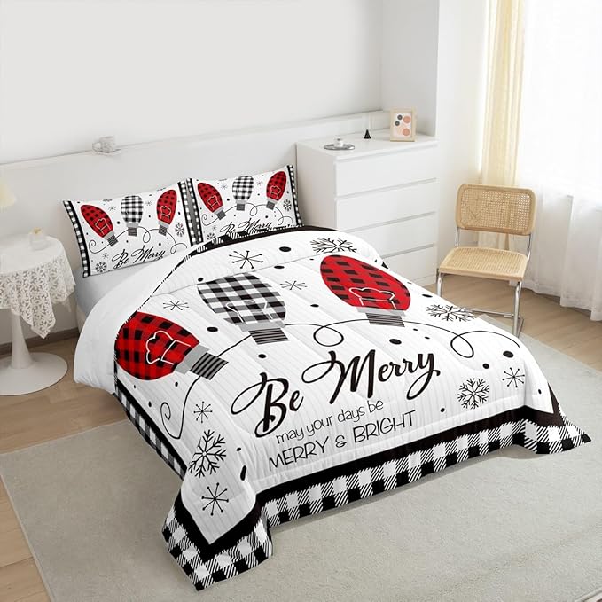 Merry Christmas Kids Comforter Set King Size,Geometric Grids Stylish Bedding,Girls Boys Adults Bedroom/Xmas Cabin Decor,Snowflake Bells Down Comforter,Rustic Farmhouse Duvet Insert,2 Pillowcases