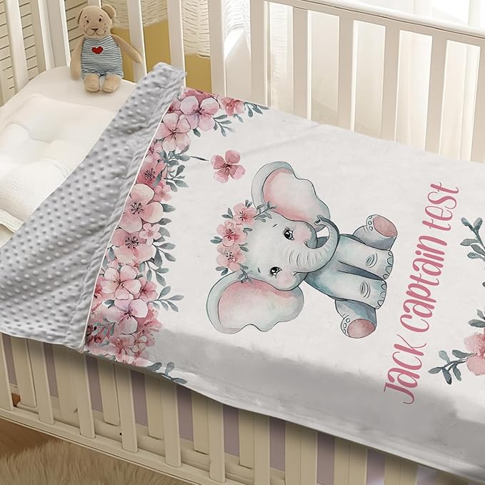Personalized Baby Blankets for Girls Boys, Custom Elephant Baby Blanket with Name for Kids, Flannel Bed Throw Blanket for Newborn, Customized Baby Gifts for Baby Shower Nursery Blanket(30”x40)