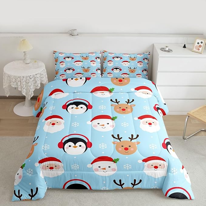 Feelyou Merry Christmas Comforter Set All Season Santa Claus Bedding Set with 1 Pillow Cases Deer Penguin Microfiber Kids Twin Bedclothes Snowman Bedroom Decor Duvet Quilt Breathable Soft Lightweight