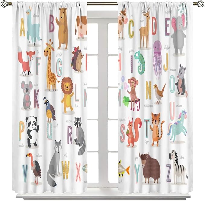 Kids Alphabet Curtains Cute Cartoon Animal Funny Educational Learning Curtain with Rod Pocket for Nursery Bedroom Playroom Home Decor Drapes Window Treatments 2 Panels Set 55" W X 63" L