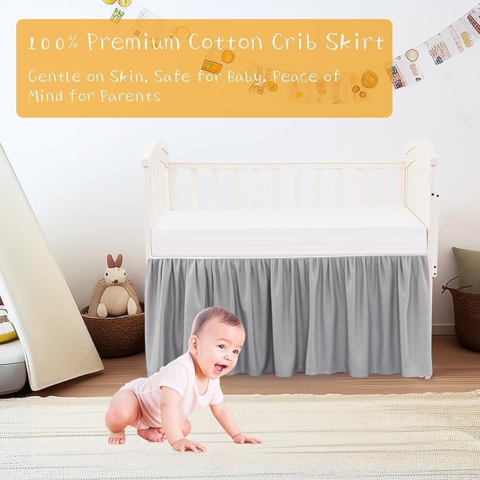Crib Bed Skirt Dust Ruffle 100% Cotton - Natural, Soft, Breathable for Baby's Delicate Skin, Nursery Toddler Crib Bed Skirt for Baby Boys Girls, Fits Standard Cribs 28" x 52" with 14" Drop