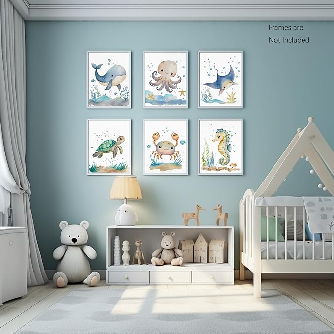 Wodkwq Nursery Wall Art Sea Animal Canvas Prints Baby Girl Boy Room Decor Watercolor Paintings Pictures Cute Ocean Theme Toddler Room Decoration Set of 6 for Kids Bedroom Bathroom 12x16in Unframed