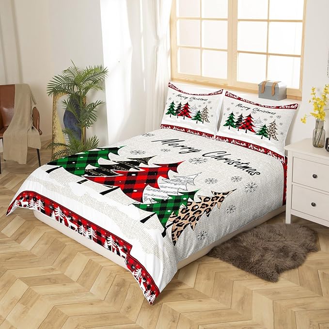 Manfei Xmas Trees Duvet Cover Set King Size, Merry Christmas Bedding Set 3pcs for Kids Boys Girls, Pine Trees Snowflake Deers Comforter Cover Soft Polyester Quilt Cover with 2 Pillowcases,No Comforter