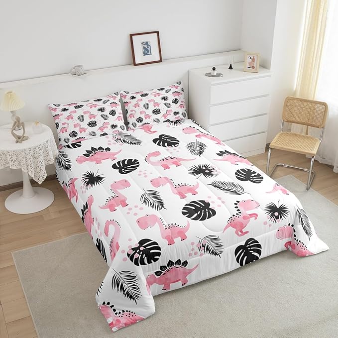 Cartoon Pink Dinosaur Bedding Set for Boys Girls,Palm Leaf Tropical Plants All Season Cozy Comforter Set Full Size,Watercolor Cute Animals Duvet Set Bedroom Decor,Festival Gifts