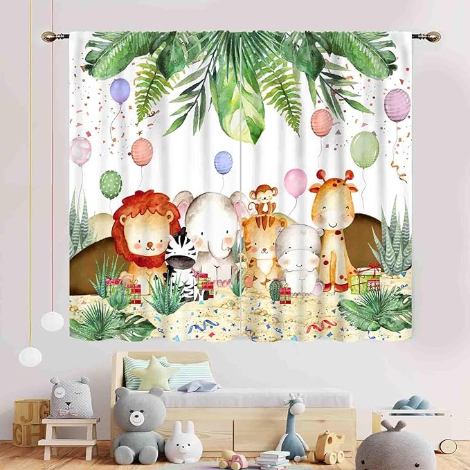 Jungle Safari Animals Curtains, Cartoon Animals Lion Giraffe Elephant Woodland Tropical Leaf Green Window Drapery for Kids Boys Girls Baby Living Room Bedroom Nursery 2 Panels, 55"x63" Inch