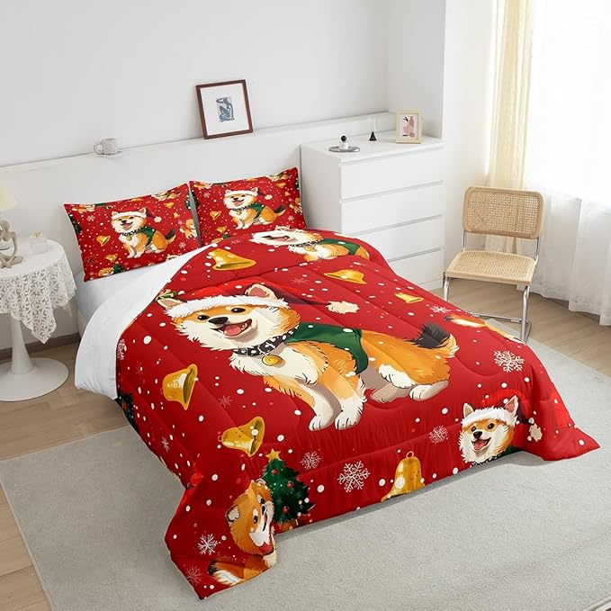 Cartoon Dog Comforter Set Queen Size,Bell Christmas Tree Star Snowflake Bedding Set for Kids Boys Girls Room Decor,Cute Corgi Xmas Theme Duvet Insert 3Pcs,Merry Christmas Red Quilt Set,2 Pillowcases