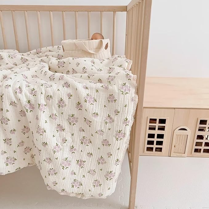 BuLuTu Purple Flower Baby Quilts for Kids Muslin Comforter Large Thin Summer Quilt for Crib/Cradle/Cot, Floral Muslin Toddler Blanket Purple Perilla Pattern, 60x78 Inch