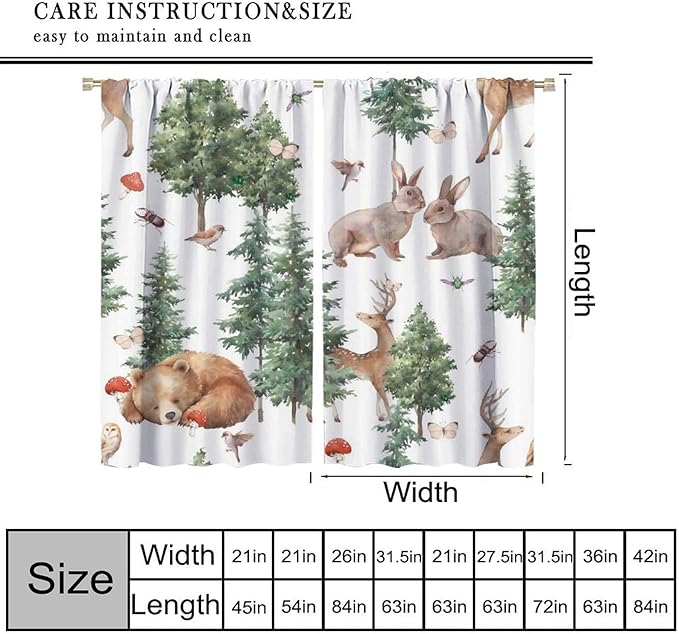 YCness Forest Animal Curtains, Wild Animals Watercolor Woodland Bear Rabbit Cartoon Window Treatments for Kids Bedroom Living Room Kitchen Living Room Drapes, 55x63 Inch