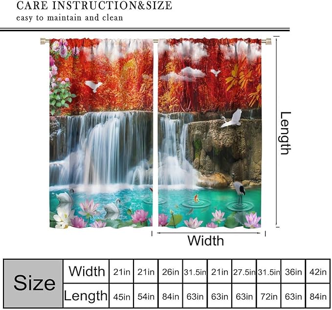 Nature Blackout Curtains, Waterfall Landscape Forest River Crane Fish Floral Pattern Rod Pocket Window Drapes, for Bedroom Living Room 52" W X 84" L