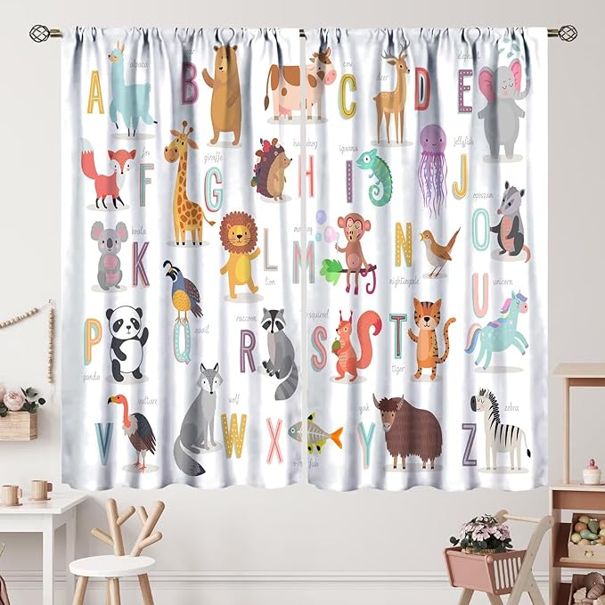 Kids Alphabet Curtains Cute Cartoon Animal Funny Educational Learning Curtain with Rod Pocket for Nursery Bedroom Playroom Home Decor Drapes Window Treatments 2 Panels Set 42" W X 54" L
